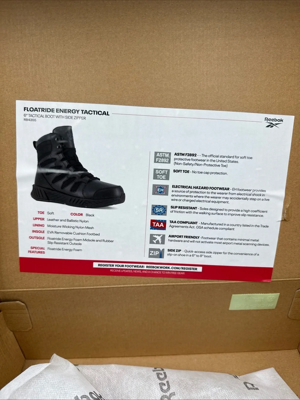Reebok Floatride Energy Tactical Boots Work Military Zip RB4355 - Mens Size 10W